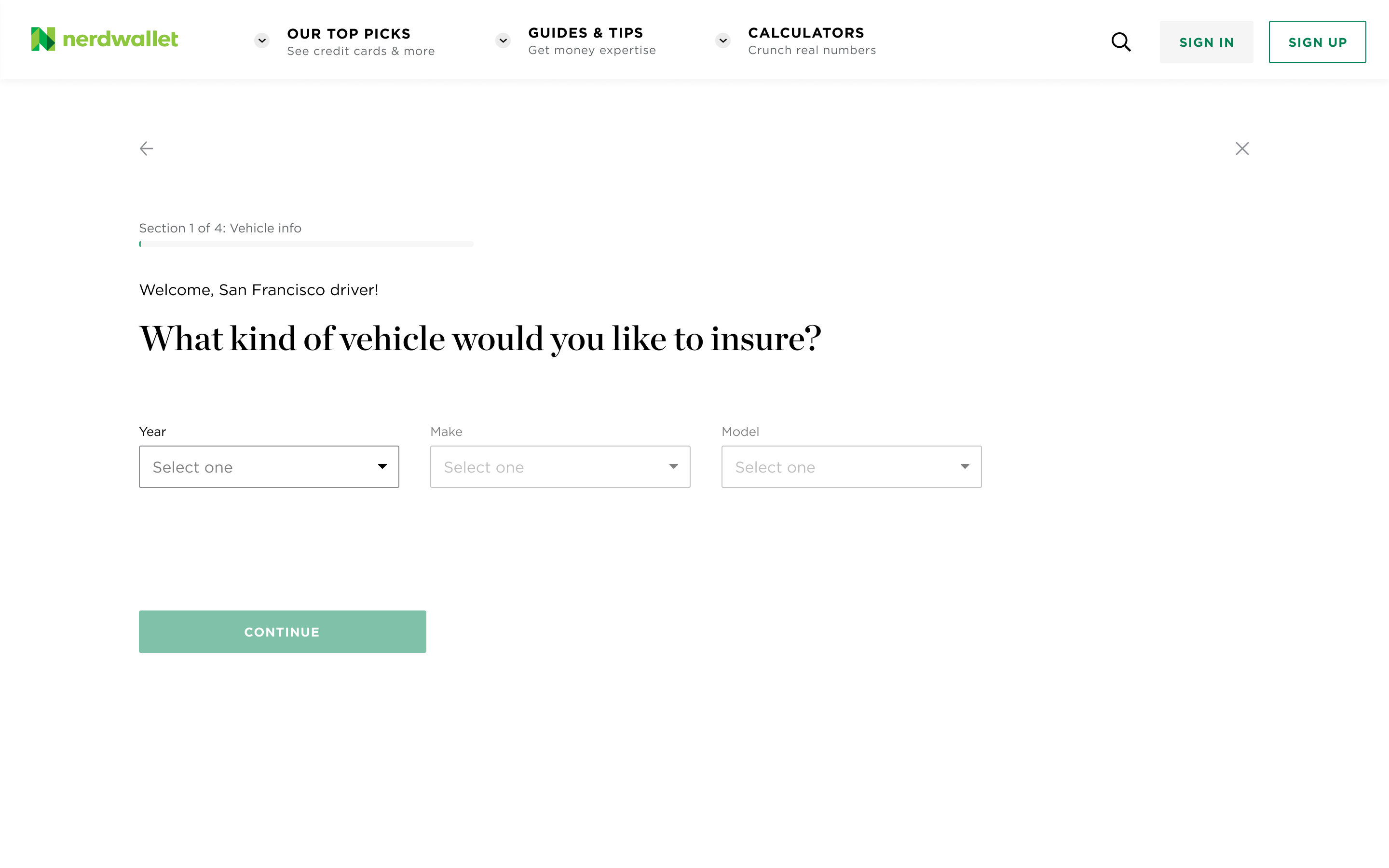 The redesigned NerdWallet flow, opening on a logical first question with clear progress